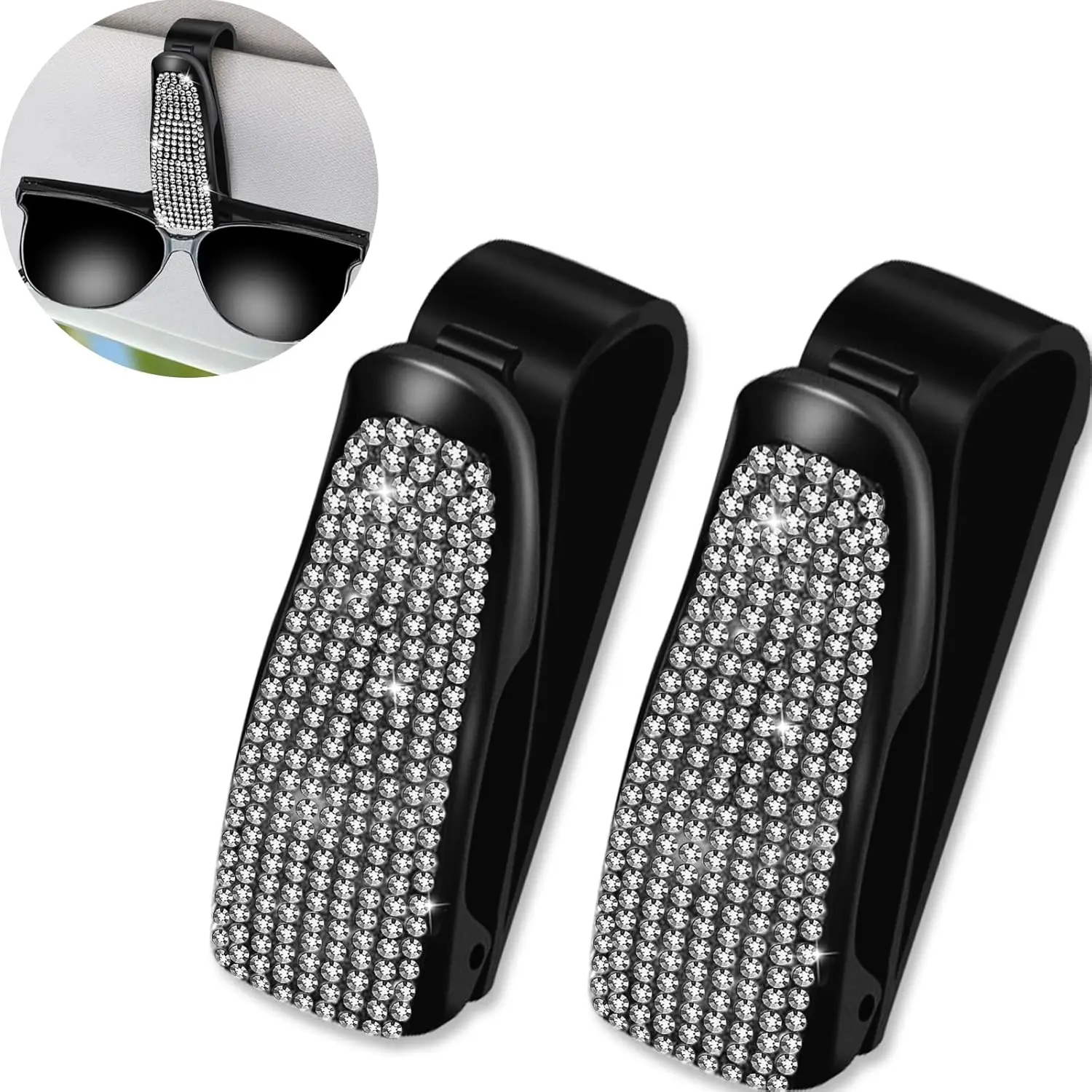 2 Pack Bling Rhinestones Sunglass Holder for Car Sun Visor, Car Eyeglasses Hanger Mount with Ticket Card Clip for Women Girls