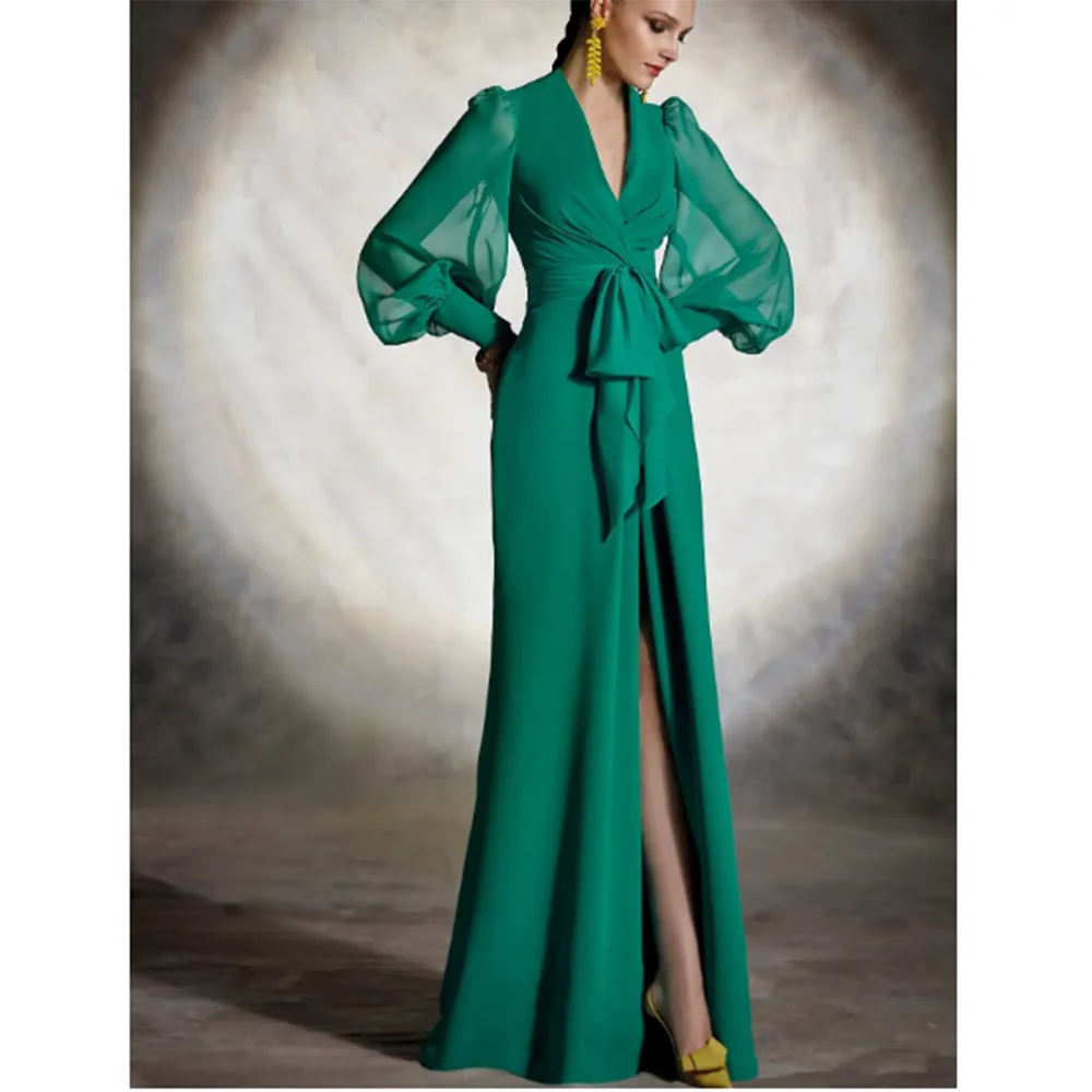 Fashion Chic Green Mother of the Bride Dresses V-Neck Floor Length High Split Full Sleeves High Quality Fashion Women Prom Gowns