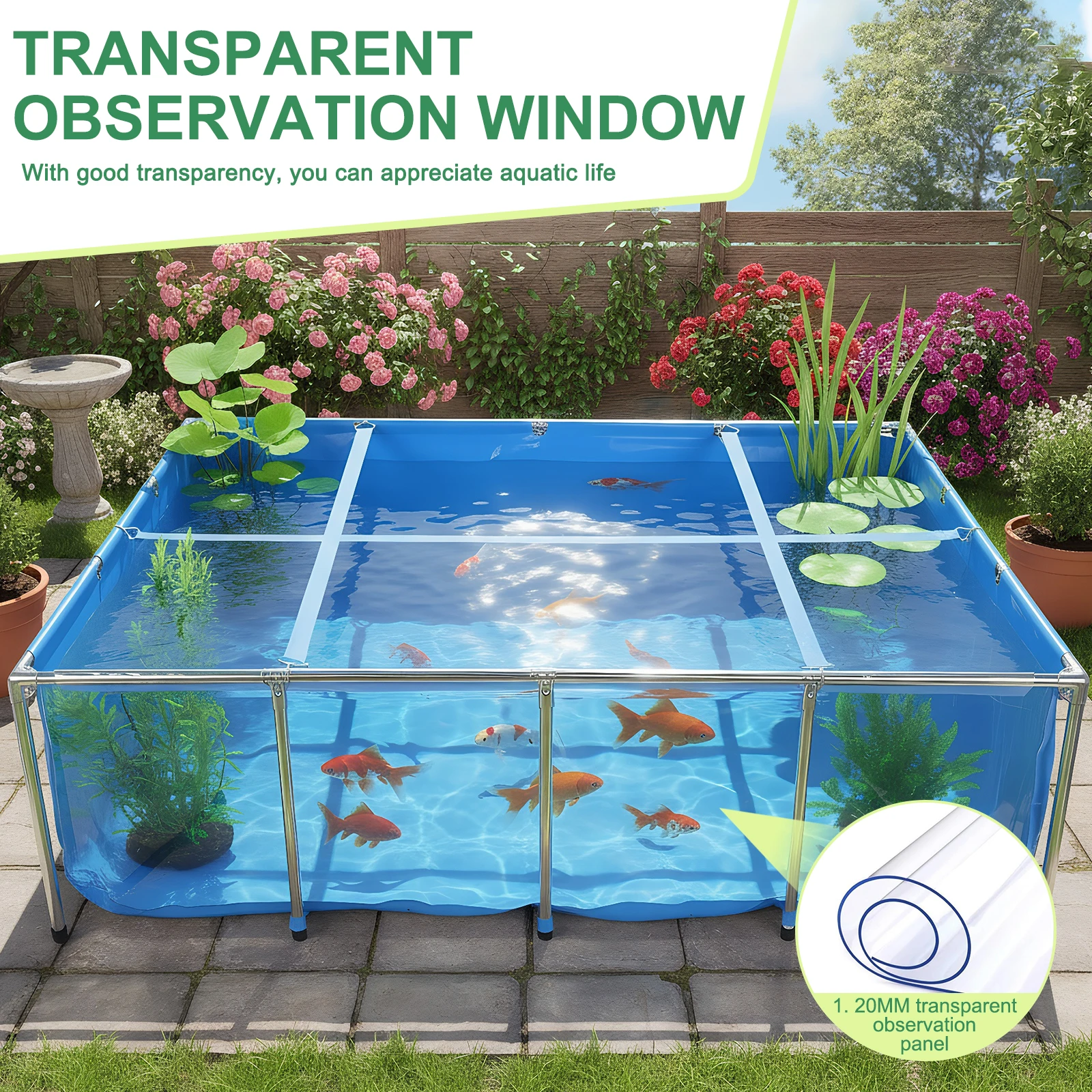 

880Gallon Collapsible Fish Ponds with Transparent Viewing Panel 400LBS Capacity with Drain Valve for Koi/Goldfish Breeding