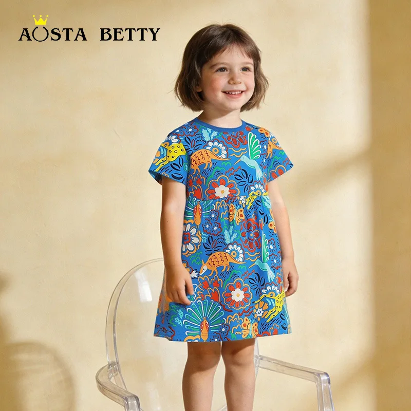 

26Summer New Girls' Dress Cartoon Animal Print Children's Clothing Princess Dress Round Neck Short Sleeve Girls' Dress