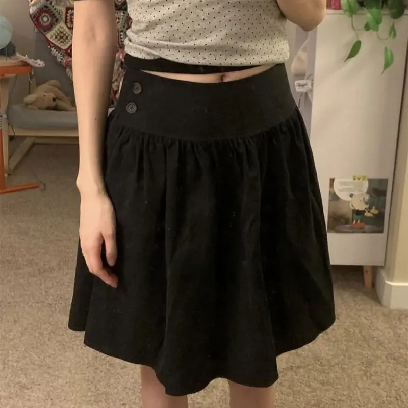 

Fashionable Korean Ball Gown Folds Skirts Female Clothing Vintage A-Line Summer Solid Color Basic High Waist Button Midi Skirts