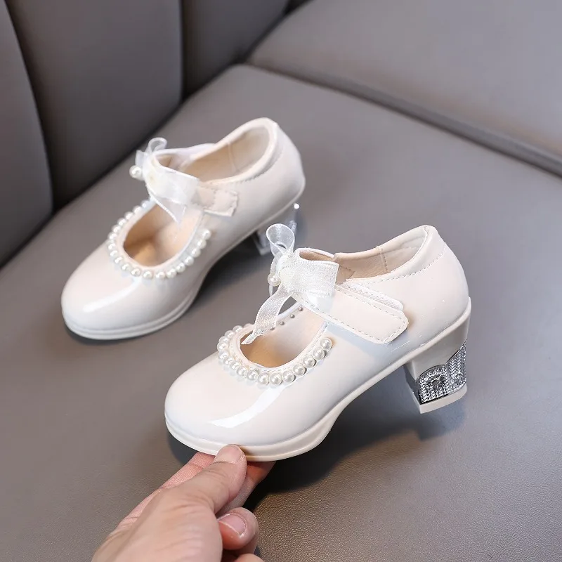 Girls Princess Shoes 2026 Four Seasons New Korean Edition Diamond Child High Heels Fashion Girl Performance Dance Leather Shoes