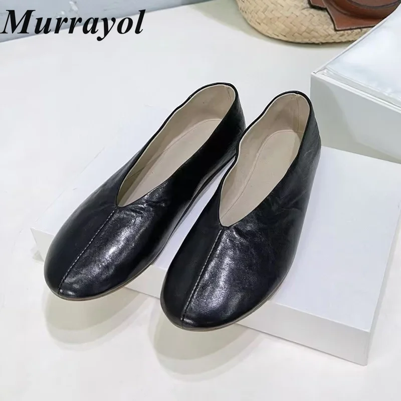 Round Toe Shallow Mouth Flat Shoes Women's Genuine Leather Lazy Loafers Ladies Four Seasons Office Commuting Shoes Driving Shoes