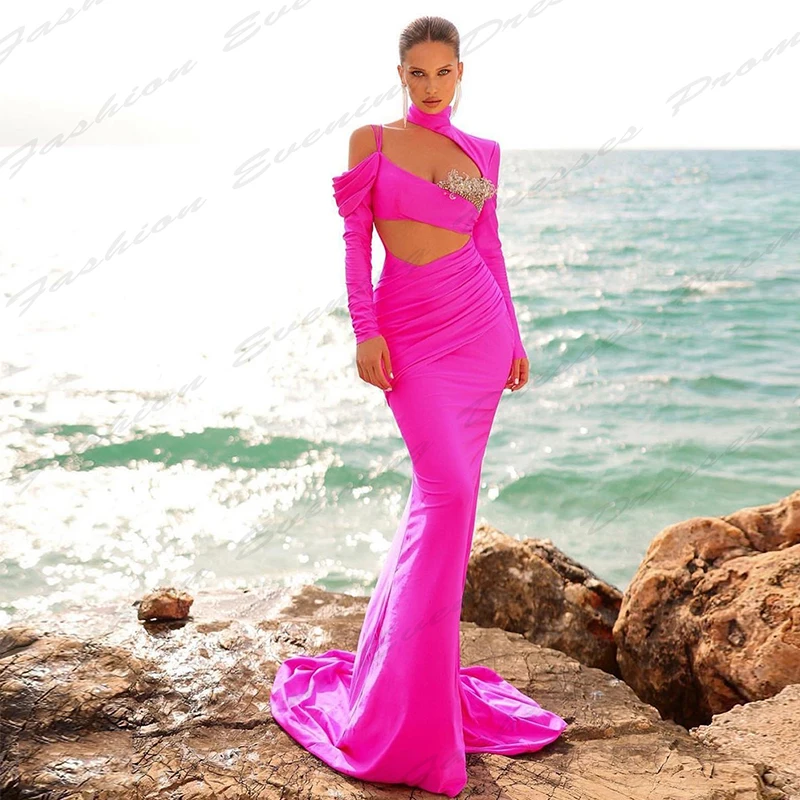 Beautiful Gorgeous Satin Evening Dresses For Women Fashion Elegant Off Shoulder Long Sleeves Simple Slimming Mopping Prom Gowns