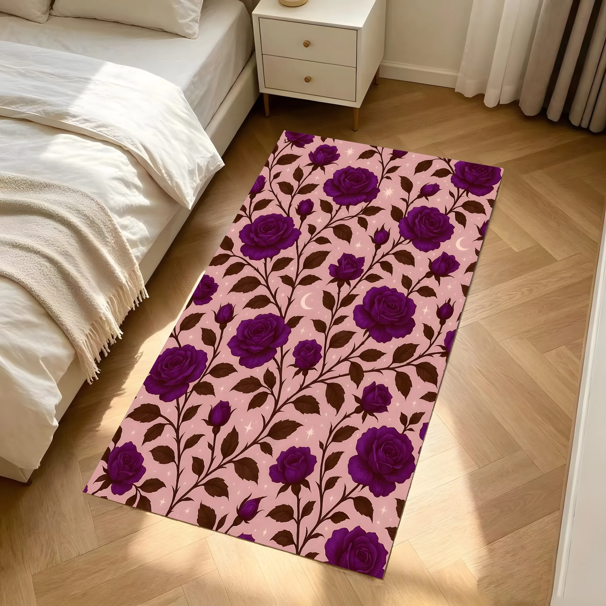 Deep Purple Rose Branch Print Luxurious Velvet Rug for Valentine Bedroom Bedside Living Room Romantic Elegant Decor