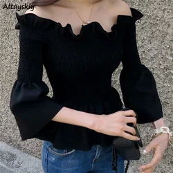Blouses Women Stretch Vintage Slash Neck Ulzzang Sexy Flare Sleeve Summer Elegant Ladies Top Slim Ruffles All-match Solid Blusas