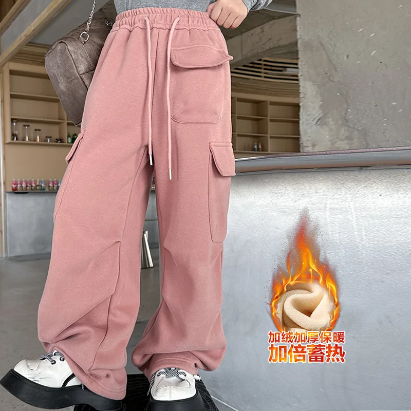 Winter Girls Fleece Cargo Pants Thick Warm Casual Sweatpants for Kids Elastic Waist Pockets Teen Children Trousers 8 10 12 Years