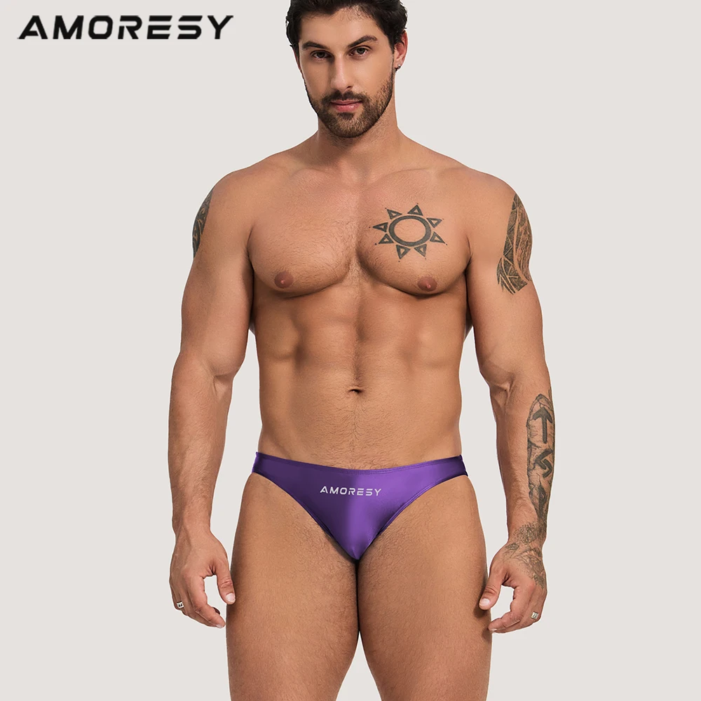 AMORESY-Men\'s Spandex Shorts Monochromatic Ultra Low Waisted, Sexy Sports Beach Odortable, Smooth T-Back Swimming Trunks, Briefs