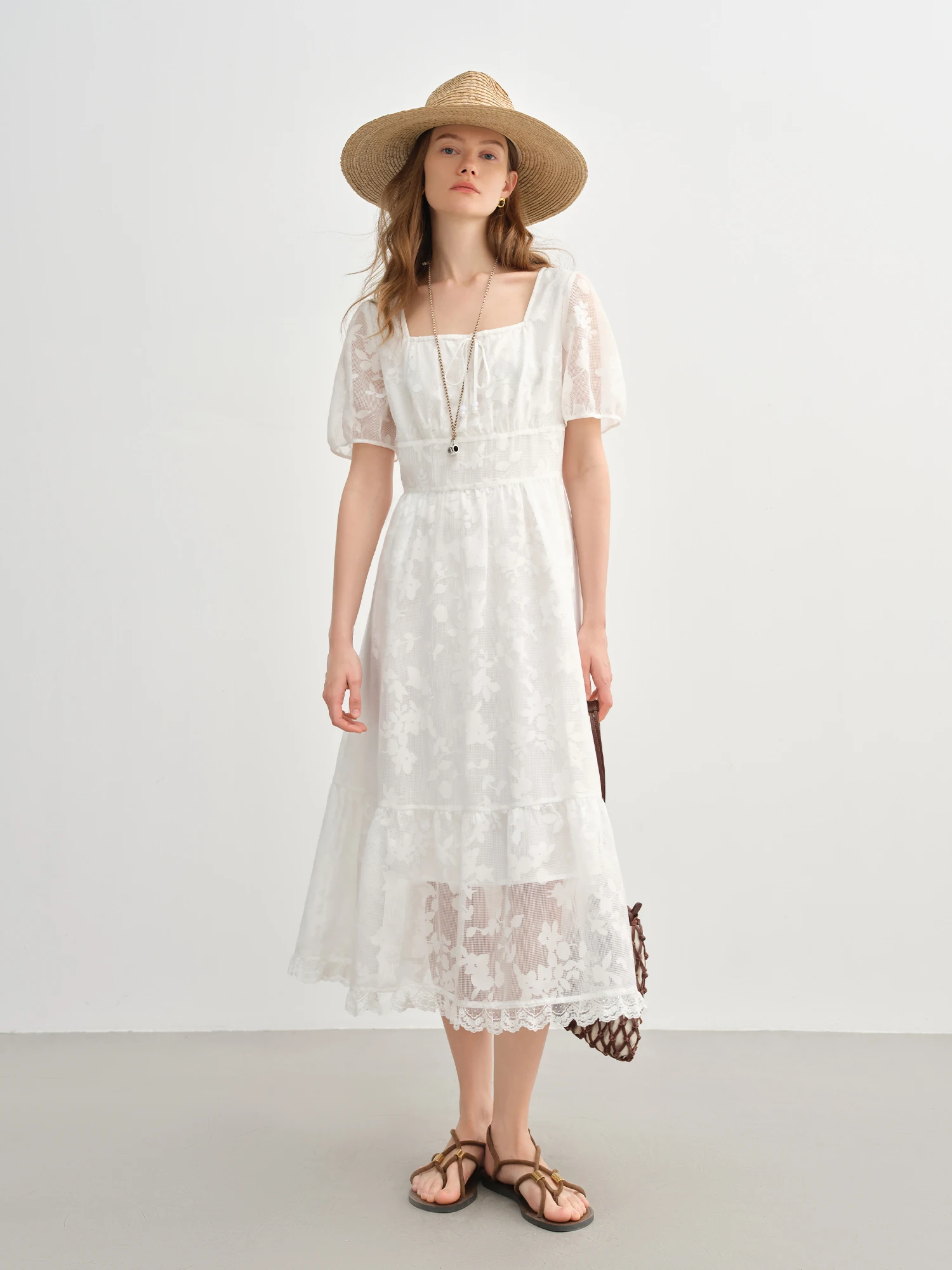 DUSHU vestido Burnout con escote cuadrado y lazo francés de talla grande para mujer - 2025 novedad de verano llegada elegante vestido blanco dulce 25DS82286