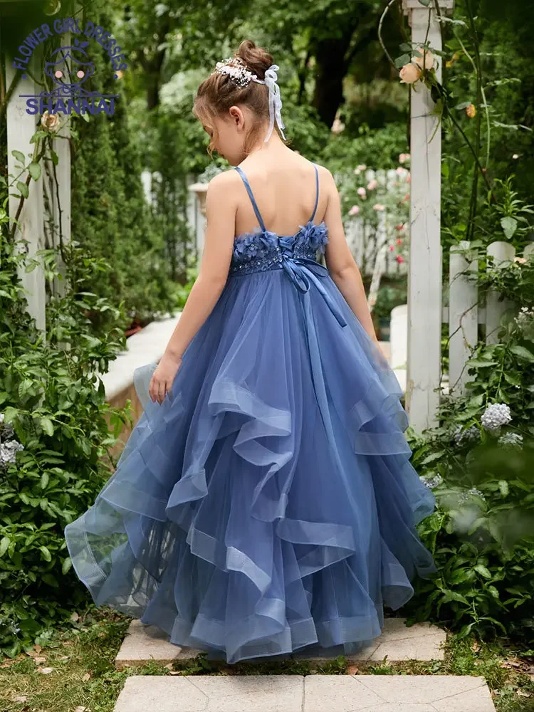 Blue Flower Girl Dress for Weddings Exquisite A-LINE Sleeveless Sweetheart Floor-Length Princess Dress for Girls 1-13