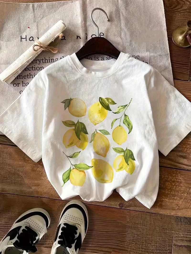 Fruit Print T-shirt Watercolor Apple Lemon Banana Strawberry Graphic Short Sleeve Tops Women Spring Summer Picnic Beach Tee