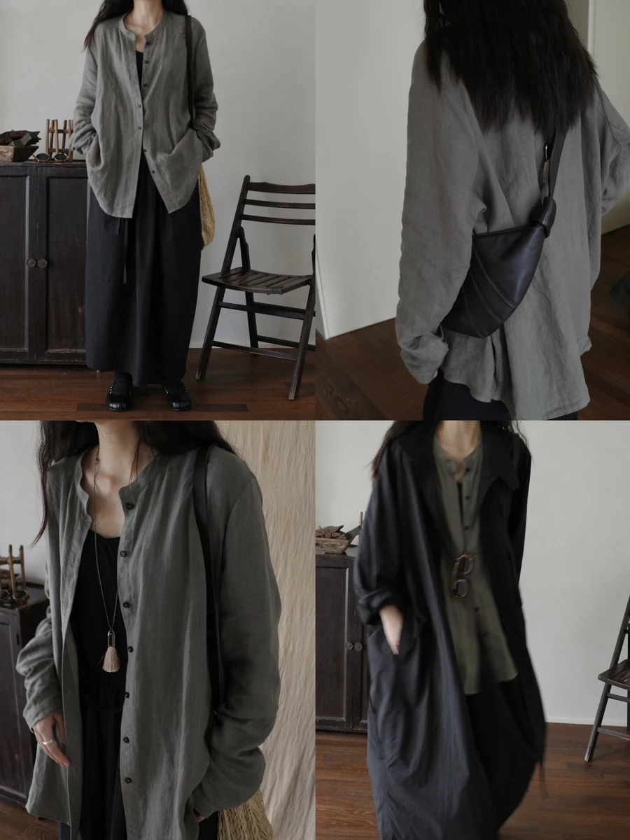 

MMCC ex Sinking Free Waed Linen irt k een Fog ey Small Stand Collar Top Comfortable Breathable Long Sve W...