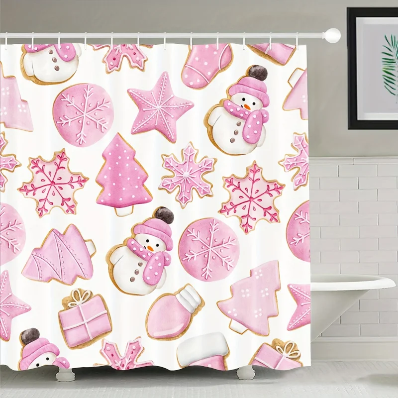 1pc Pink Christmas Shower Curtain, Bathroom Santa Claus Pink And White Snowman Interesting Shower Curtain, Bathroom Accessories,