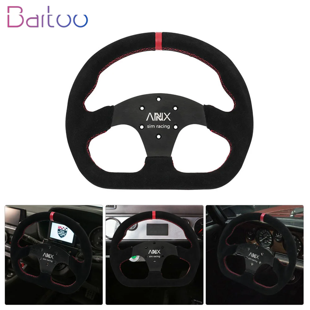 

Universal Black Flat D Shape Suede Leather 325mm/12.8inch Steering Wheel 70mm-PCD For Most Vehicles & Sim Racing Game STW043