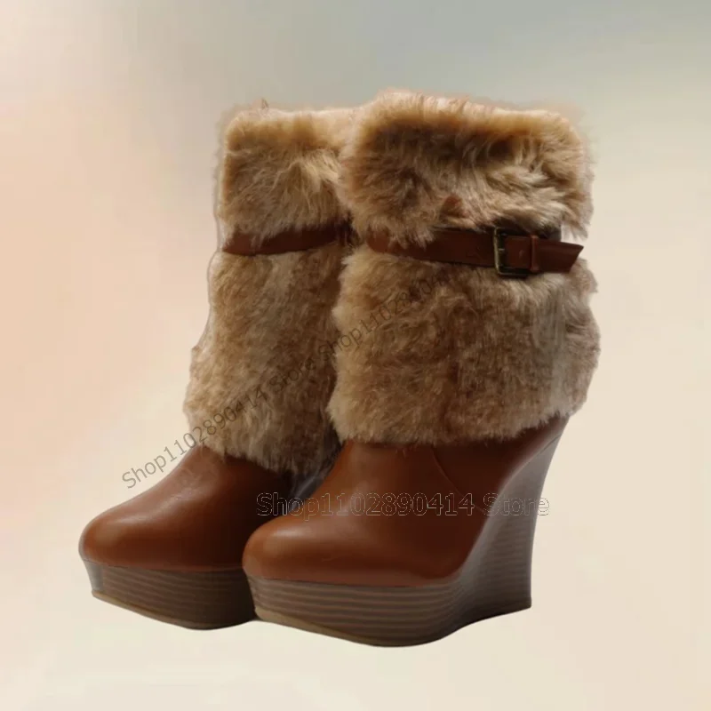 

Brown Fur Belt Fastener Decor Wedges Heel Pointed Toe Boots Side Zipper Women Shoes Novel Fashion Party 2023 Zapatos Para Mujere