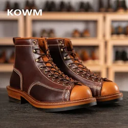 KOWM Hiking shoes men's cowhid boots British leather trekking shoes thick soled ankle sneakers cowhide high top motorcycle boots