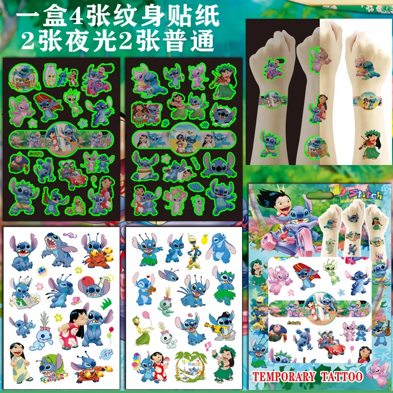 Pegatinas luminosas de Disney para fiesta de cumpleaños, pegatinas de tatuaje de Spiderman, Stitch, Frozen, impermeables, suministros de decoración, regalo para niños, 4 unids/set