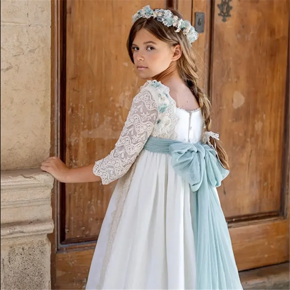 Vestido de fada flor menina comunhão acabado fora com renda no decote mangas bordado contton uma linha vestido de fada