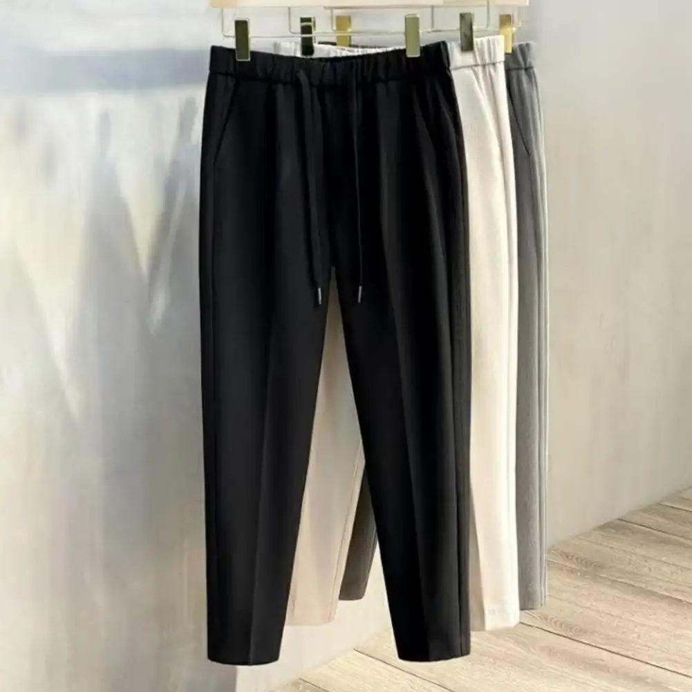 Men Formal Trousers Elastic Waist Men's Suit Pants Formal Business Style Trousers for Office Wear Straight Leg Ninth Pants