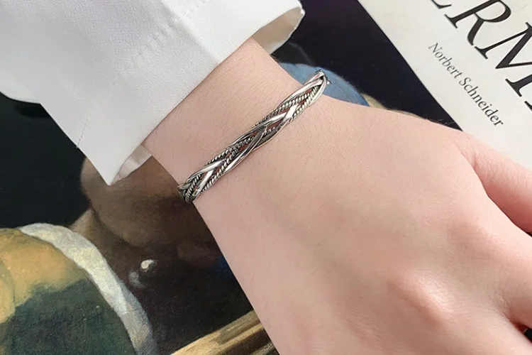 Neuer Vintage Thai Silber Geflochtener Gedrehter Armreif 925 Sterling Silber Schmuck Offene Armbänder SL008 – Detail 5