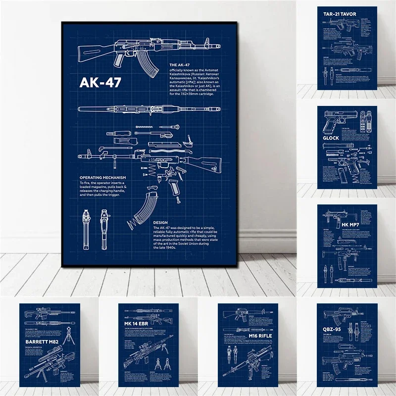 1pc frameless canvas painting Classic Equipment Gun Mechanical Structure Blueprint Poster Military Office Prints Canvas Painting