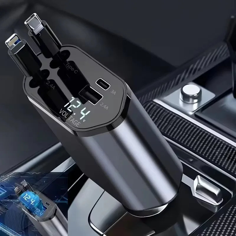 120W Fast Car Charger, 120W Super Fast Charging, Equipped with a Retractable Usb-C Data Cable, 4-in-1