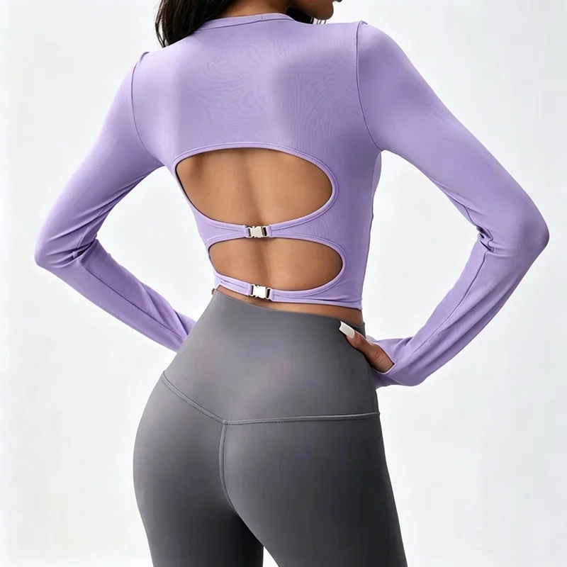 Women Slim Fit Long Sleeve Crop Sport Top Cut Out Back Fixed Cups Stretchy Breathable Yoga Pilates Fitness Workout