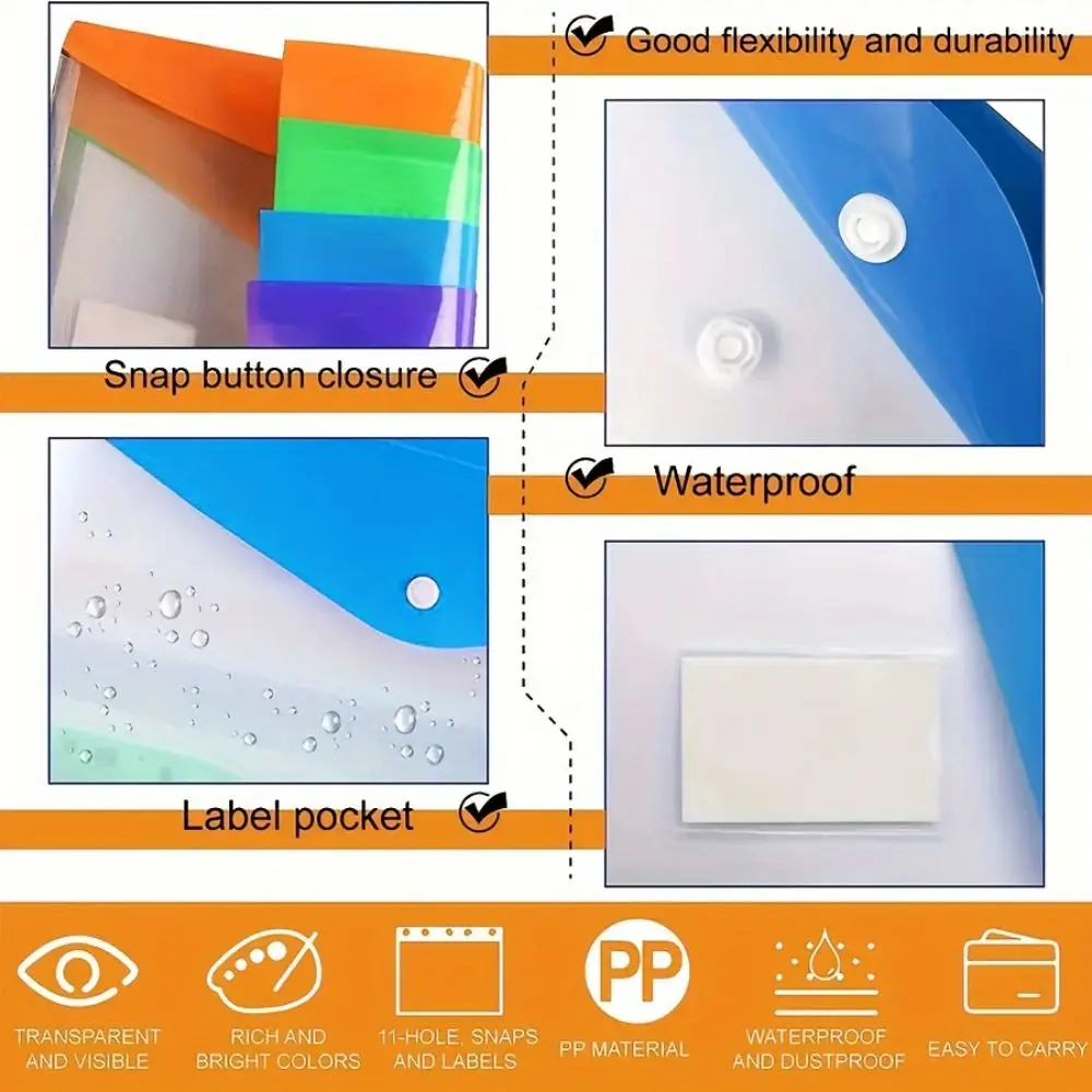 A4 Waterproof Binder Pocket for 2/3/4 Ring Binder Heavy Duty Plastic Envelope File Folders with Snap Button and Label Pocket