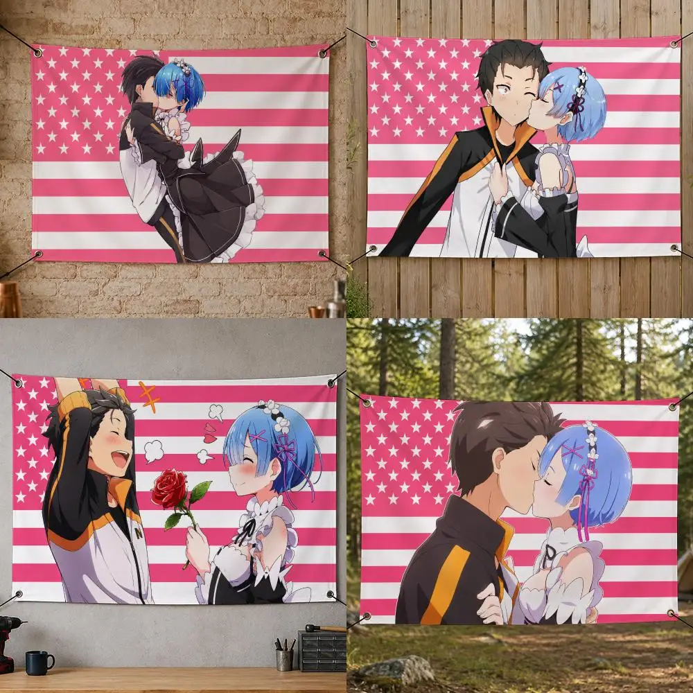 Anime Modern R-Re:ZERO -Subaru Rem Flags Flag Banner for Bedroom Dorm Party Home Living Room Game Room Gift