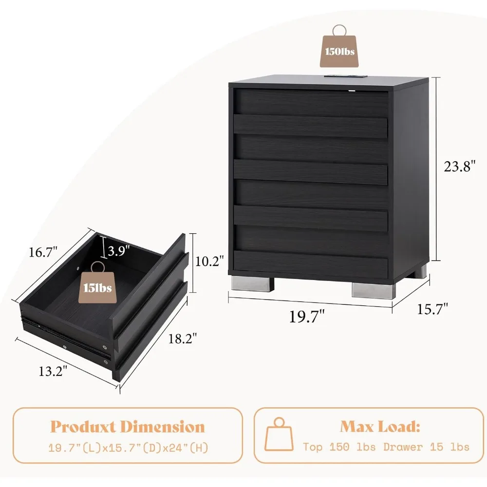 Nightstand Set of 2 with Charging Station, Wood Bedside Table with 2 Drawers, Farmhouse End Table with Slated Handles &