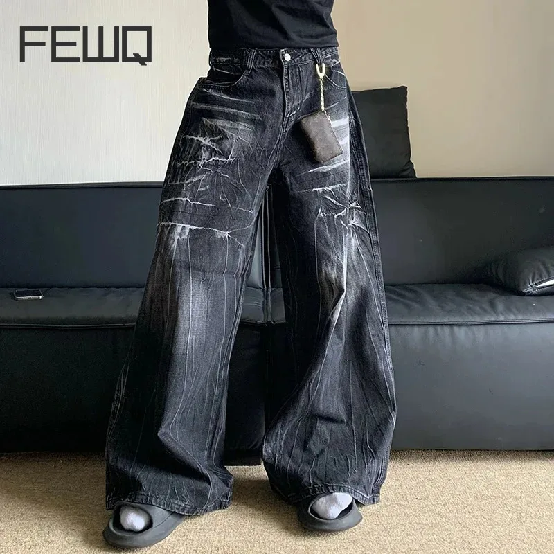 FEWQ American Cleanfit Washed Old Lightning Pattern Vibe Loose Wide Leg Pants Jeans 2024 Male Trousers New Fashion 24E1568