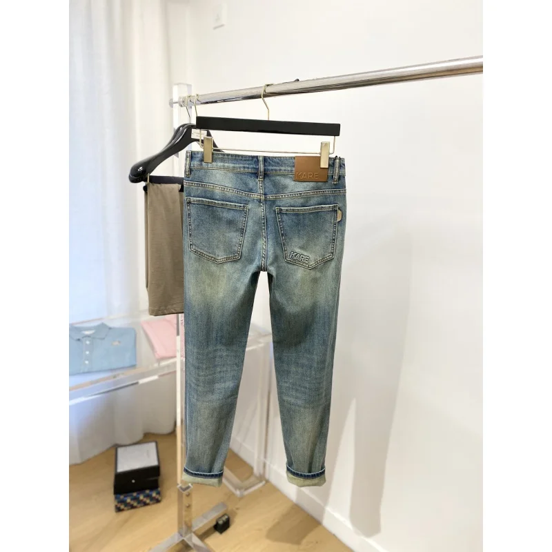 High-grade retro blue jeans men's slim-fitting small straight stretch casual all-match simple trendy fashion light luxury pants