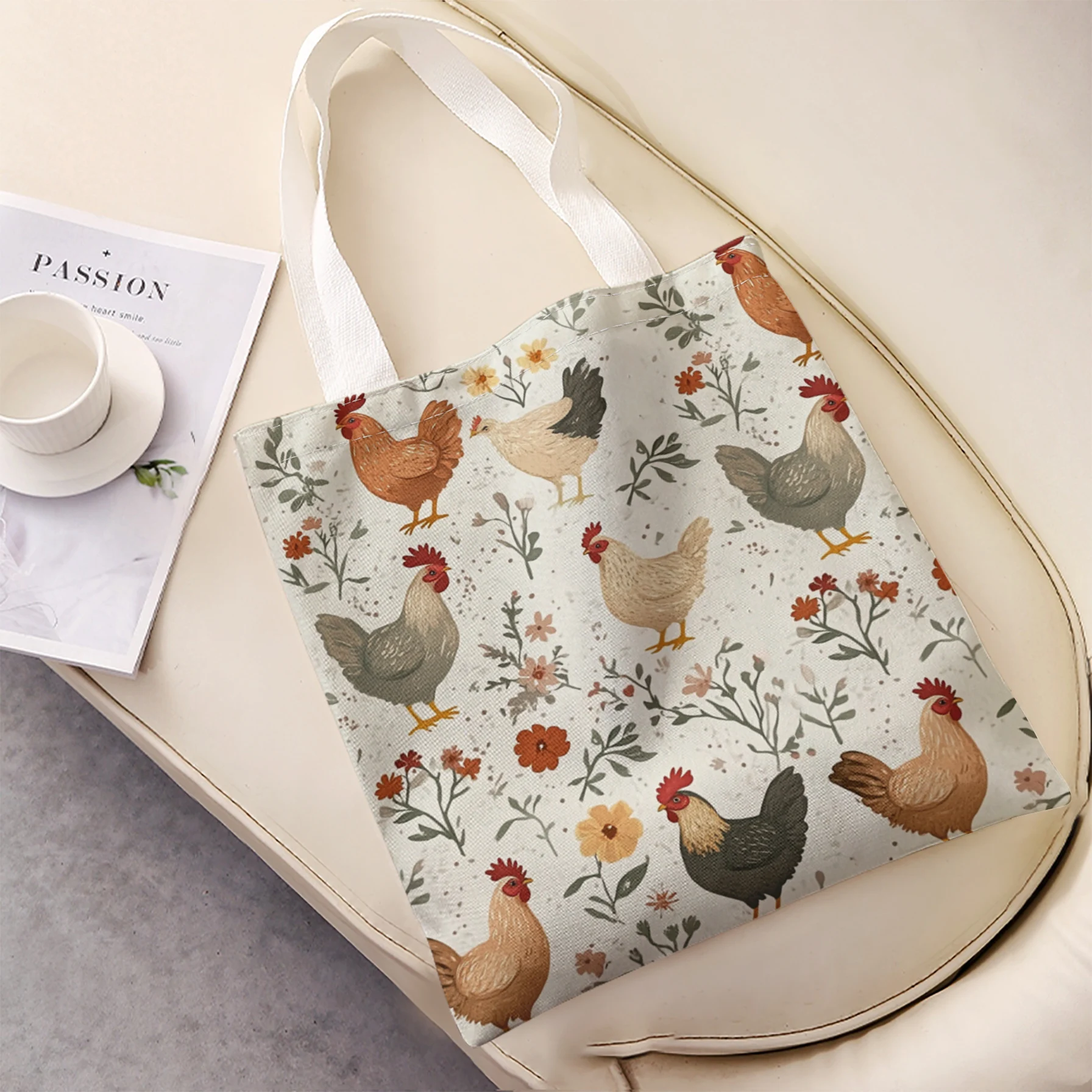 Hen Rooster Vintage Floral Print Tote Bag Large Capacity Shoulder Handbag For Shopping Travel Daily Commute view 4