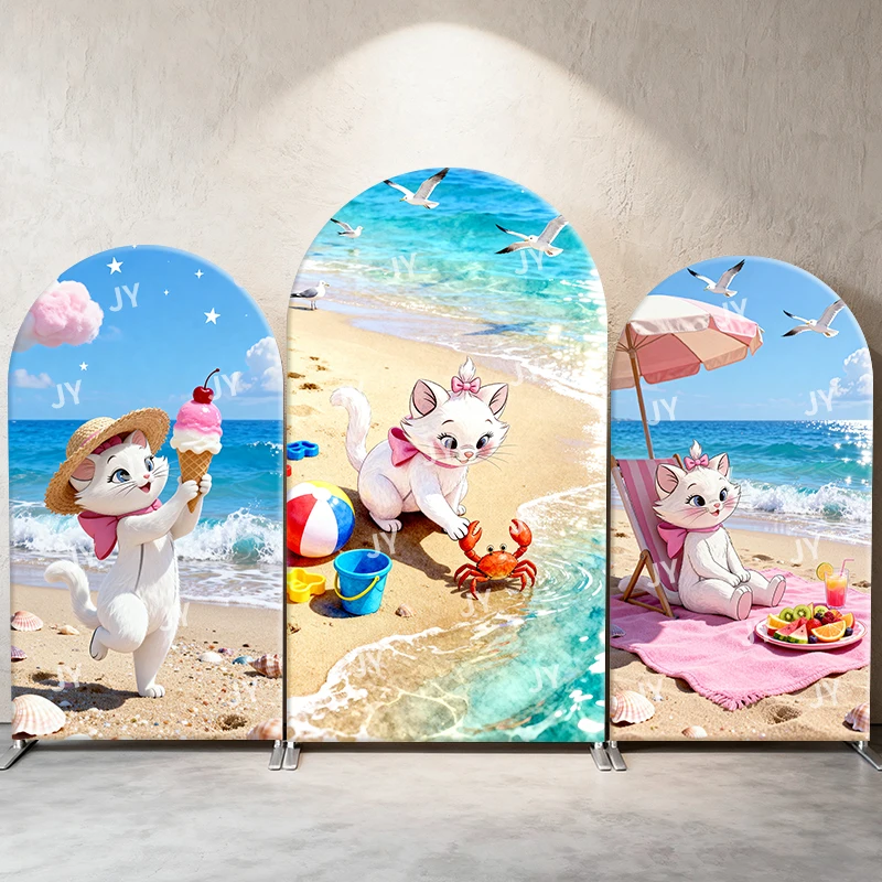 

Marie Cat Arch Backdrop Cover Beach Ice Cream Crab Picnic Scene Cartoon Theme Kids Birthday Baby Shower Photo Booth Decor