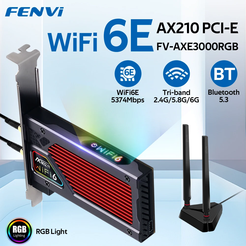 FENVI AXE3000RGB 5400M WiFi 6E AX210 For Bluetooth 5.3 Tri-Band 2.4G/5G/6Ghz Wireless PCIe WiFi Adapter WiFi 6 Card PC Win10/11