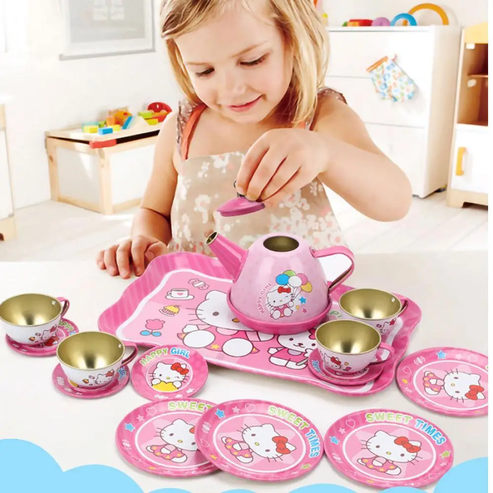 Sanrios Hello Kitty Kids Simulation Tea Set Dessert Pastry Tinplate Teapot Children's Play House Kitchen Cutlery Toy Gifts Girls