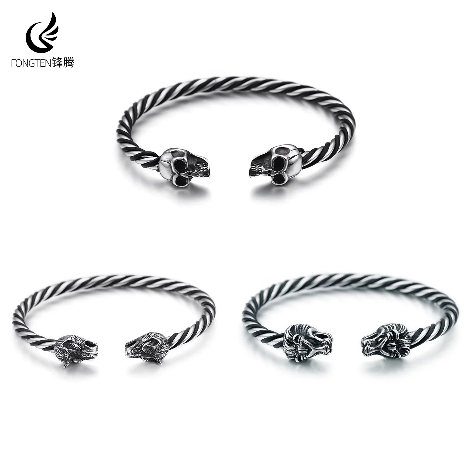 

Fongten Halloween Skull Stainless Steel Bracelet for Men Gothic Double Wolf Head Lion Head Twisted Rope Babgle Fashion Jewelry