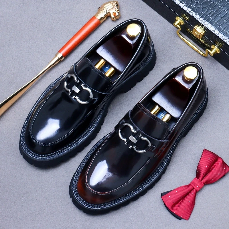 

Men's Round Toe Thick Soled Loafers British Style Genuine Leather Cowhide Metal Decor Dress Shoes for Business Wedding Party