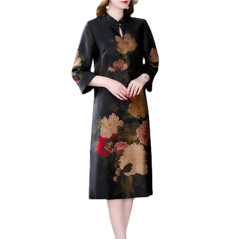 Frauen Schwarz Koreanische Vintage Casual Midi Kleid Frühling Sommer Floral Natürliche Seide Satin Kleid Elegante Bodycon Abend XQ328