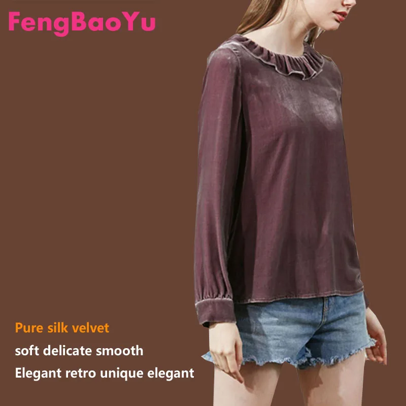 

100% Silk Velvet Blouse for Ladies, Lotus Leaf Collar Shirt, Long Sleeves, Vintage Breathable Sweat-absorbent