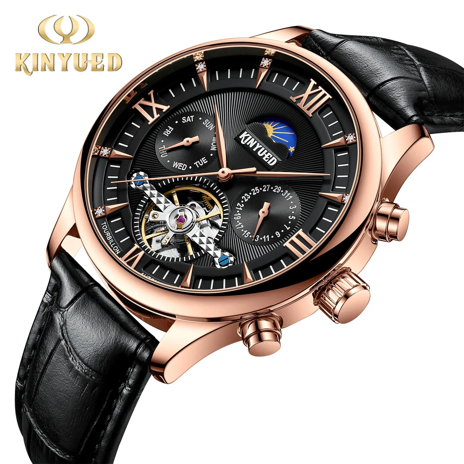 Kinyued Man's Luxury Automatic Mechanical Watches Moon Phase Flywheel Skeleton Dial Leather Strap Watch Waterproof Men Wriswatch