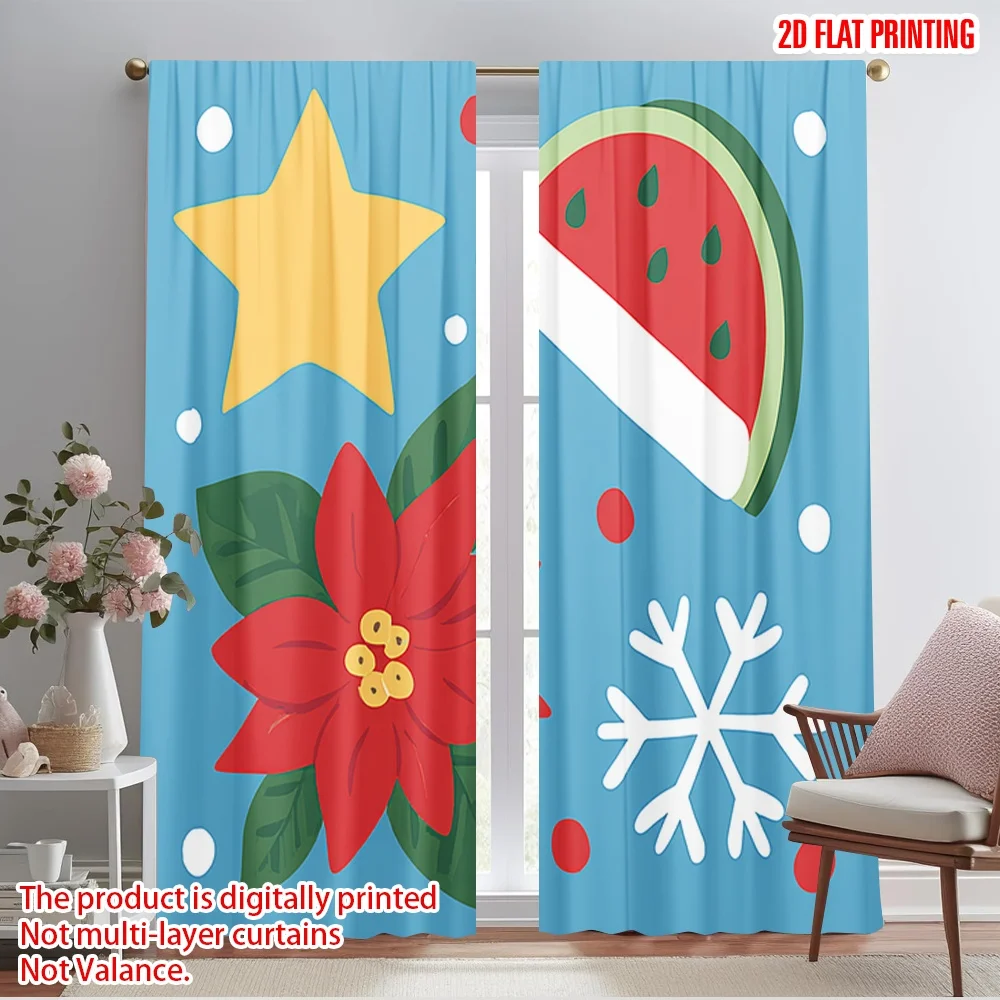 2 Stück, 2D-Flugzeug-Druckmuster-Vorhänge, Weihnachtsmann auf dem Strand, Stuhl mit modischer Brille und Wassermelone, 100 % Polyester (ohne Stange)