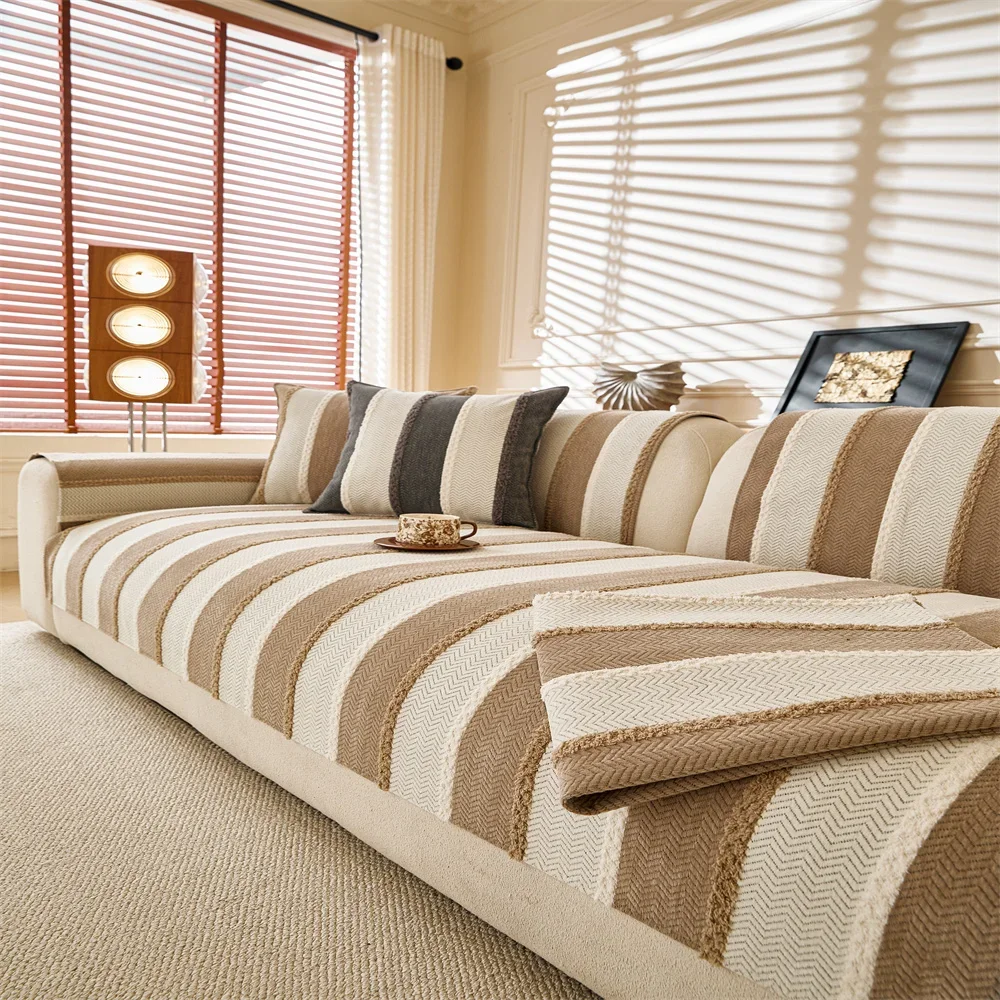Retro Chenille Sofa Cushion Cover Universal Non-Slip Fixed Straight Row All-Seasons Slipcover for Home Comfort