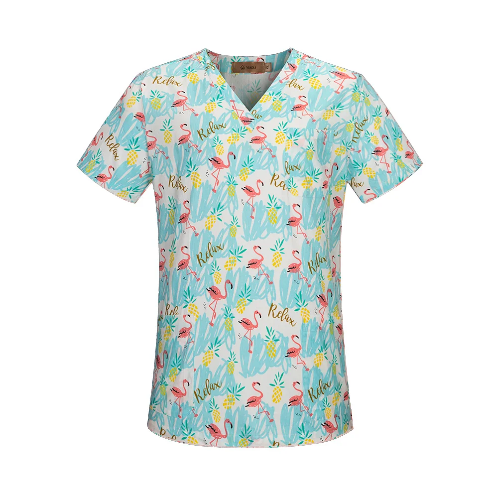 Scrubs 17 Color V-Neck Pet Beauty Salon Spa Uniform Shirt Print Scrub Tops 100%Cotton Health Workers Wear Clothes