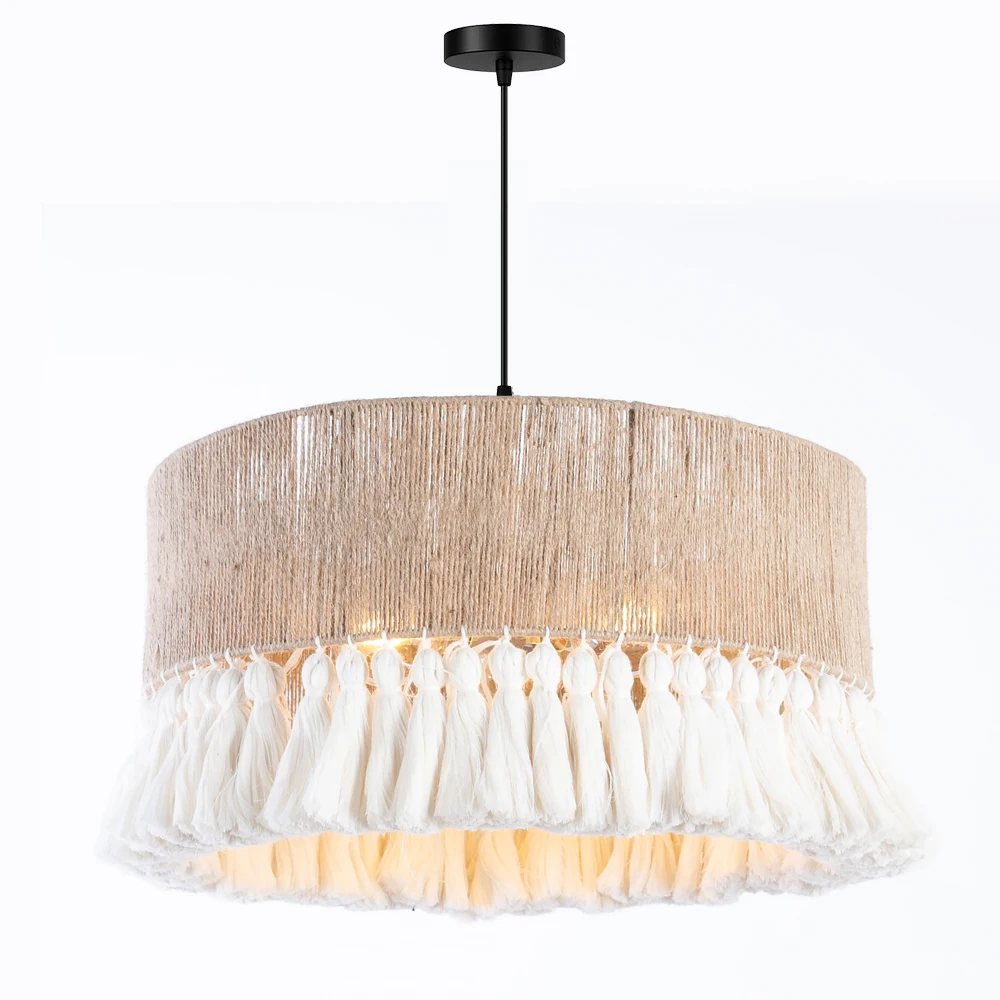 Boho Jute String Fringe Chandelier Rustic Ceiling Light with Natural Fibre Fringe for Bedroom, Living Room, Kitchen, E27 Pendant