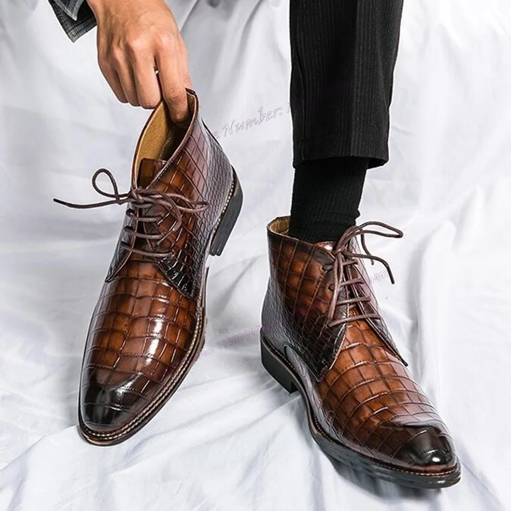 Brown Crocodile Skin Lace Up Dress Shoes for Men Pointed Toe Chunky Heels British Style Shoes Business 2023 Wedding Party Shoes