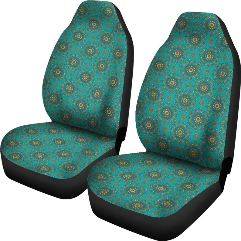 Turquoise Teal Green With Yellow Gold Mandala Pattern Car or SUV Seat Covers Universal Fit For Bucket Seats Hippie Boho Style Pa