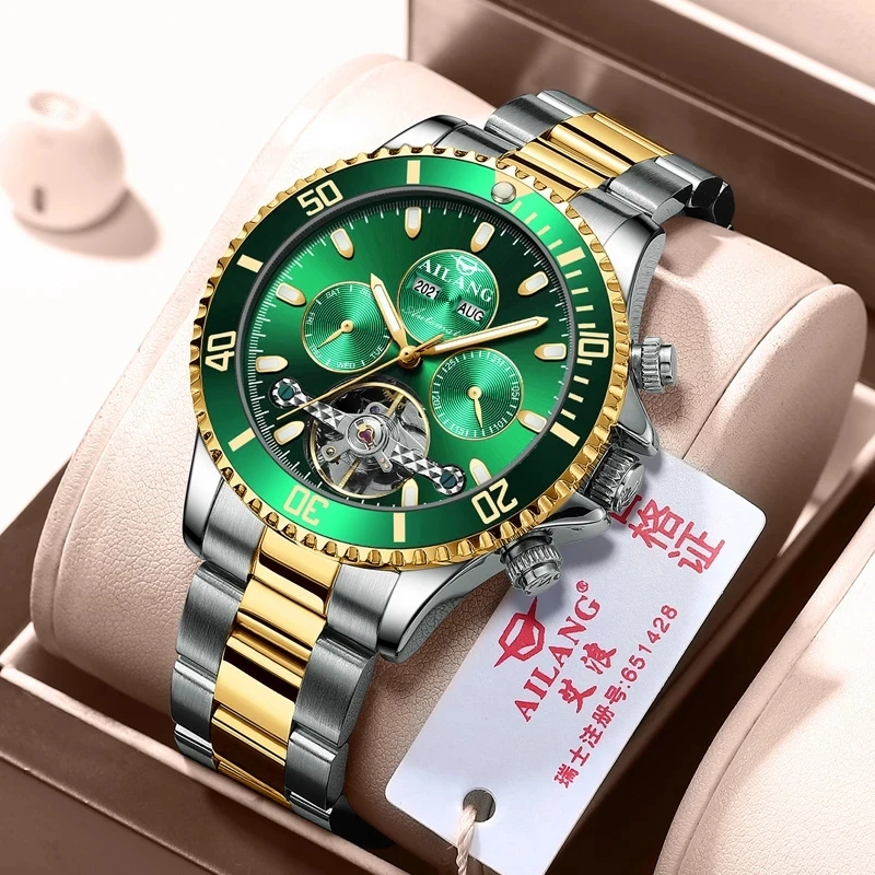 AILANG Mens Watches Top Brand Luxury Stainless Steel Sports Waterproof Mechanical Watch Men Military Tourbillon Wristwatch