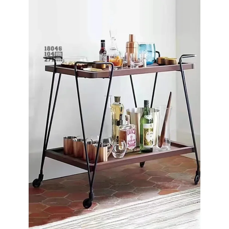 Retro home food delivery cart Double-layer mobile European-style living room Edge tea trolley Bar shelf trolley