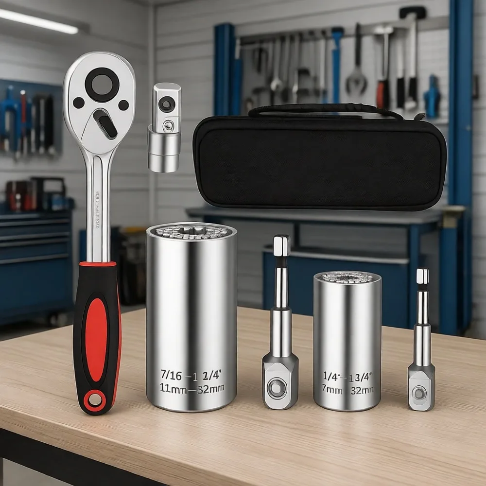 

Профессиональный набор торцевых ключей от 7 до 32 мм с трещоткой и адаптером для дрели, хромованадиевая сталь